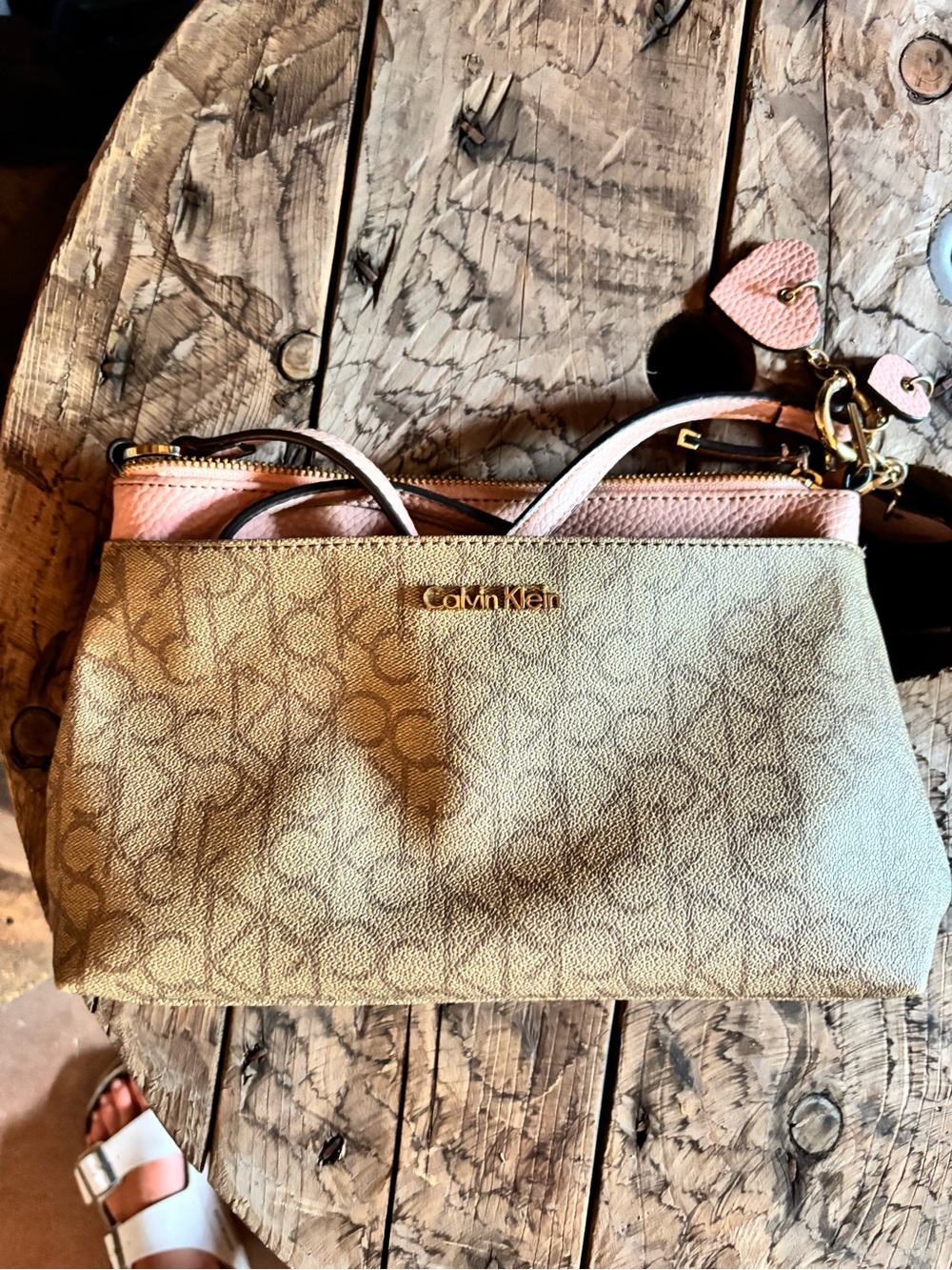 Calvin Klein Beige Signature Crossbody with Pink Trim